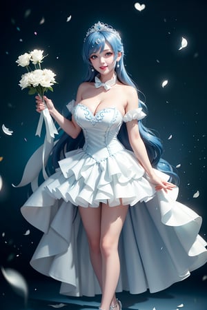 ((mini skirt, Holding flowers in both hands, White arms, white thighs and calves, She wears Princess dress, tiara , blue very long hair, large breasts 2.0)), cute pose, large breasts, cleavage , blue eyes, (Masterpiece), full body shot, best quality, high resolution, highly detailed, detailed background, movie lighting, 1girl, idol, underbust, stage, stage lights, music, blush, sweet smile, sweat, concert, ruffles, confetti, hearts, hair accessories, hair bows, gems, jewelry, neon lights , bow tie , pointing, spotlight, sparkles, light particles, frame breasts, cross lace,floral dress,hmnl,wrenchfaeflare