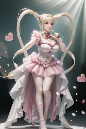 ((perfect facial proportions, large Heart-shaped twintails 2.0)), She wears pink weeding  dress , blond very long hair, large breasts, cute pose, large breasts, cleavage , blue eyes, (Masterpiece), full body shot, best quality, high resolution, highly detailed, detailed background, movie lighting, 1girl, idol, underbust, stage, stage lights, music, blush, sweet smile, sweat, concert, ruffles, confetti, hearts, hair accessories, hair bows, gems, jewelry, neon lights , bow tie , pointing, spotlight, sparkles, light particles, frame breasts, cross lace,floral dress,hmnl