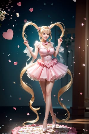 ((heart hands, large Heart-shaped twintails,  She wears pink weeding  dress , blond very long hair, large breasts 2.0)), cute pose, large breasts, cleavage , blue eyes, (Masterpiece), full body shot, best quality, high resolution, highly detailed, detailed background, movie lighting, 1girl, idol, underbust, stage, stage lights, music, blush, sweet smile, sweat, concert, ruffles, confetti, hearts, hair accessories, hair bows, gems, jewelry, neon lights , bow tie , pointing, spotlight, sparkles, light particles, frame breasts, cross lace,floral dress,hmnl