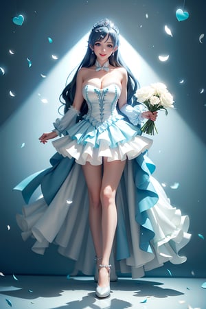 ((mini skirt, Holding flowers in both hands, White arms, white thighs and calves, She wears Princess dress, tiara , blue very long hair, large breasts 2.0)), cute pose, large breasts, cleavage , blue eyes, (Masterpiece), full body shot, best quality, high resolution, highly detailed, detailed background, movie lighting, 1girl, idol, underbust, stage, stage lights, music, blush, sweet smile, sweat, concert, ruffles, confetti, hearts, hair accessories, hair bows, gems, jewelry, neon lights , bow tie , pointing, spotlight, sparkles, light particles, frame breasts, cross lace,floral dress,hmnl,wrenchfaeflare