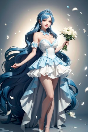 ((mini skirt, Holding flowers in both hands, White arms, white thighs and calves, She wears Princess dress, tiara , blue very long hair, large breasts 2.0)), cute pose, large breasts, cleavage , blue eyes, (Masterpiece), full body shot, best quality, high resolution, highly detailed, detailed background, movie lighting, 1girl, idol, underbust, stage, stage lights, music, blush, sweet smile, sweat, concert, ruffles, confetti, hearts, hair accessories, hair bows, gems, jewelry, neon lights , bow tie , pointing, spotlight, sparkles, light particles, frame breasts, cross lace,floral dress,hmnl,wrenchfaeflare