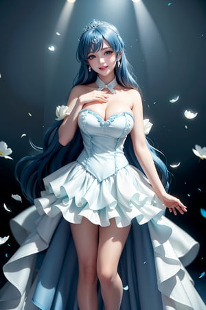 ((mini skirt, Holding flowers in both hands, White arms, white thighs and calves, She wears Princess dress, tiara , blue very long hair, large breasts 2.0)), cute pose, large breasts, cleavage , blue eyes, (Masterpiece), full body shot, best quality, high resolution, highly detailed, detailed background, movie lighting, 1girl, idol, underbust, stage, stage lights, music, blush, sweet smile, sweat, concert, ruffles, confetti, hearts, hair accessories, hair bows, gems, jewelry, neon lights , bow tie , pointing, spotlight, sparkles, light particles, frame breasts, cross lace,floral dress,hmnl,wrenchfaeflare