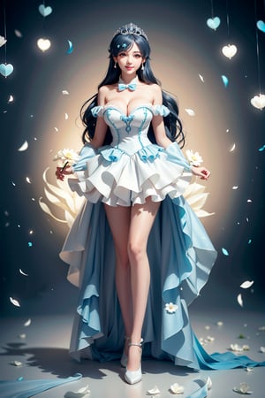 ((mini skirt, Holding flowers in both hands, White arms, white thighs and calves, She wears Princess dress, tiara , blue very long hair, large breasts 2.0)), cute pose, large breasts, cleavage , blue eyes, (Masterpiece), full body shot, best quality, high resolution, highly detailed, detailed background, movie lighting, 1girl, idol, underbust, stage, stage lights, music, blush, sweet smile, sweat, concert, ruffles, confetti, hearts, hair accessories, hair bows, gems, jewelry, neon lights , bow tie , pointing, spotlight, sparkles, light particles, frame breasts, cross lace,floral dress,hmnl,wrenchfaeflare