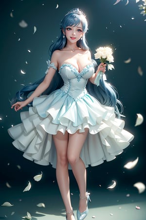 ((mini skirt, Holding flowers in both hands, White arms, white thighs and calves, She wears Princess dress, tiara , blue very long hair, large breasts 2.0)), cute pose, large breasts, cleavage , blue eyes, (Masterpiece), full body shot, best quality, high resolution, highly detailed, detailed background, movie lighting, 1girl, idol, underbust, stage, stage lights, music, blush, sweet smile, sweat, concert, ruffles, confetti, hearts, hair accessories, hair bows, gems, jewelry, neon lights , bow tie , pointing, spotlight, sparkles, light particles, frame breasts, cross lace,floral dress,hmnl,wrenchfaeflare