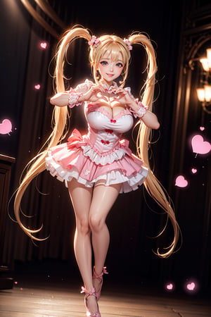 ((Childlike face and big breasts, heart hands, large Heart-shaped twintails,  She wears pink-white business attire, blond very long hair, large breasts 2.0)), cute pose, large breasts, cleavage , blue eyes, (Masterpiece), full body shot, best quality, high resolution, highly detailed, detailed background, movie lighting, 1girl, idol, underbust, stage, stage lights, music, blush, sweet smile, sweat, concert, ruffles, confetti, hearts, hair accessories, hair bows, gems, jewelry, neon lights , bow tie , pointing, spotlight, sparkles, light particles, frame breasts, cross lace,floral dress,hmnl