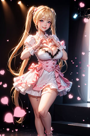 ((heart hands, large Heart-shaped twintails,  She wears pink-white business attire, blond very long hair, large breasts 2.0)), cute pose, large breasts, cleavage , blue eyes, (Masterpiece), full body shot, best quality, high resolution, highly detailed, detailed background, movie lighting, 1girl, idol, underbust, stage, stage lights, music, blush, sweet smile, sweat, concert, ruffles, confetti, hearts, hair accessories, hair bows, gems, jewelry, neon lights , bow tie , pointing, spotlight, sparkles, light particles, frame breasts, cross lace,floral dress,hmnl