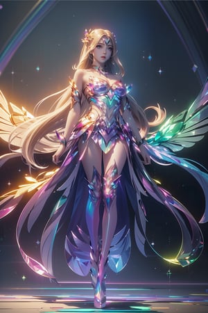 (masterpiece, top quality, best quality, official art, beautiful and aesthetic:1.2),full body,1 girl wearing a transparent bodysuit made of azure crystal,suspended in air,hovering,a pair of huge pink crystal wings,nubela,(iridescent,vivid fancy neon color),holo glowing rainbow color long hair,,chinese dress