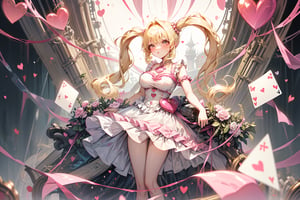((large Heart-shaped twintails, She wears pink weeding dress, blond very long hair, large breasts 2.0))
a card design, card game, game character design,1girl, with glitter, mother-of-pearl, clear coloring, and colorful,hmnl