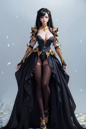  ((She has black very long hair, she wears  
Gorgeous revealing evening gown, Heavy armor 2.0)), sleeveless, cute pose, large breasts, cleavage , blue eyes, (Masterpiece), full body shot, best quality, high resolution, highly detailed, detailed background, underbust,ho1,kan'u,floral dress,LAColdFury, simple background