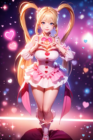 ((Childlike face and big breasts, heart hands, large Heart-shaped twintails,  She wears pink-white business attire, blond very long hair, large breasts , heart magic cycle 2.0)), cute pose, large breasts, cleavage , blue eyes, (Masterpiece), full body shot, best quality, high resolution, highly detailed, detailed background, movie lighting, 1girl, idol, underbust, stage, stage lights, music, blush, sweet smile, sweat, concert, ruffles, confetti, hearts, hair accessories, hair bows, gems, jewelry, neon lights , bow tie , pointing, spotlight, sparkles, light particles, frame breasts, cross lace,floral dress,hmnl,magic circle