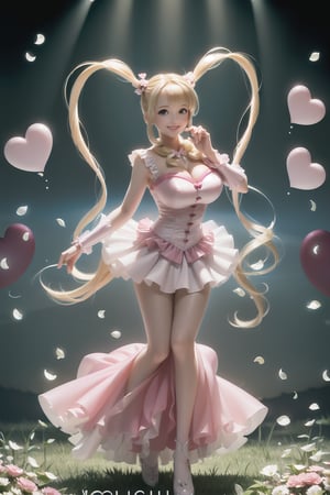 ((heart hands, large Heart-shaped twintails,  She wears pink weeding  dress , blond very long hair, large breasts 2.0)), cute pose, large breasts, cleavage , blue eyes, (Masterpiece), full body shot, best quality, high resolution, highly detailed, detailed background, movie lighting, 1girl, idol, underbust, stage, stage lights, music, blush, sweet smile, sweat, concert, ruffles, confetti, hearts, hair accessories, hair bows, gems, jewelry, neon lights , bow tie , pointing, spotlight, sparkles, light particles, frame breasts, cross lace,floral dress,hmnl