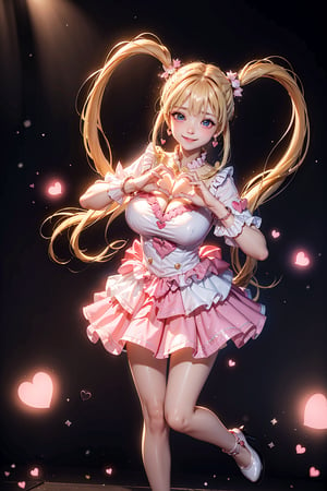 ((heart hands, large Heart-shaped twintails,  She wears pink-white school uniform , blond very long hair, large breasts 2.0)), cute pose, large breasts, cleavage , blue eyes, (Masterpiece), full body shot, best quality, high resolution, highly detailed, detailed background, movie lighting, 1girl, idol, underbust, stage, stage lights, music, blush, sweet smile, sweat, concert, ruffles, confetti, hearts, hair accessories, hair bows, gems, jewelry, neon lights , bow tie , pointing, spotlight, sparkles, light particles, frame breasts, cross lace,floral dress,hmnl