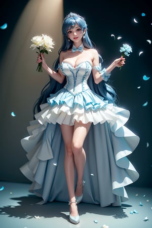 ((mini skirt, Holding flowers in both hands, White arms, white thighs and calves, She wears Princess dress, tiara , blue very long hair, large breasts 2.0)), cute pose, large breasts, cleavage , blue eyes, (Masterpiece), full body shot, best quality, high resolution, highly detailed, detailed background, movie lighting, 1girl, idol, underbust, stage, stage lights, music, blush, sweet smile, sweat, concert, ruffles, confetti, hearts, hair accessories, hair bows, gems, jewelry, neon lights , bow tie , pointing, spotlight, sparkles, light particles, frame breasts, cross lace,floral dress,hmnl,wrenchfaeflare