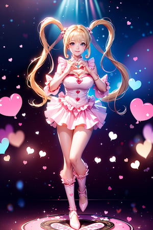 ((Childlike face and big breasts, heart hands, large Heart-shaped twintails,  She wears pink-white business attire, blond very long hair, large breasts , heart cycle 2.0)), cute pose, large breasts, cleavage , blue eyes, (Masterpiece), full body shot, best quality, high resolution, highly detailed, detailed background, movie lighting, 1girl, idol, underbust, stage, stage lights, music, blush, sweet smile, sweat, concert, ruffles, confetti, hearts, hair accessories, hair bows, gems, jewelry, neon lights , bow tie , pointing, spotlight, sparkles, light particles, frame breasts, cross lace,floral dress,hmnl,magic circle