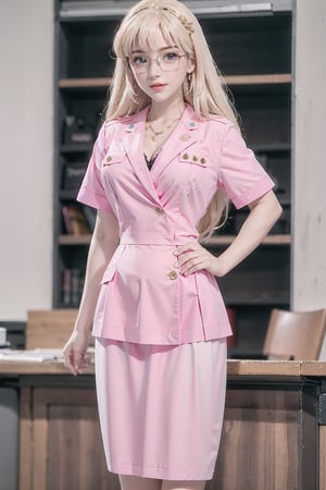 She has blond long hair, ((She has blond very long hair, she wears pink low v-cut office_lady_uniform, pink skirt, glasses, open clothes 2.0)), cute pose, large breasts, cleavage , green eyes, (Masterpiece), full body shot, best quality, high resolution, highly detailed, detailed background, movie lighting, 1girl, idol, underbust, stage, stage lights, music, blush, sweet smile, sweat, concert, ruffles, confetti, hearts, hair accessories, hair bows, gems, jewelry, neon lights , bow tie , pointing, spotlight, sparkles, light particles, frame breasts, cross lace, white stockings,ryuubi,lift skirt,1girl,seethrough_wedding_dress,seethrough_china_dress, red and gold dress,Angel,spartanarmor,red cape,long hair,hmnl,fr4ctal4rmor,office_lady_uniform,reiko_aiwaifu