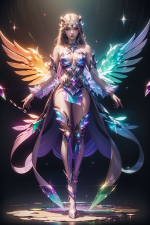 (masterpiece, top quality, best quality, official art, beautiful and aesthetic:1.2),full body,1 girl wearing a transparent bodysuit made of azure crystal,suspended in air,hovering,a pair of huge pink crystal wings,nubela,(iridescent,vivid fancy neon color),holo glowing rainbow color long hair,,chinese dress