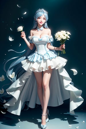 ((mini skirt, Holding flowers in both hands, White arms, white thighs and calves, She wears Princess dress, tiara , blue very long hair, large breasts 2.0)), cute pose, large breasts, cleavage , blue eyes, (Masterpiece), full body shot, best quality, high resolution, highly detailed, detailed background, movie lighting, 1girl, idol, underbust, stage, stage lights, music, blush, sweet smile, sweat, concert, ruffles, confetti, hearts, hair accessories, hair bows, gems, jewelry, neon lights , bow tie , pointing, spotlight, sparkles, light particles, frame breasts, cross lace,floral dress,hmnl,wrenchfaeflare