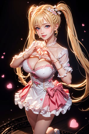 ((Childlike face and big breasts, heart hands, large Heart-shaped twintails,  She wears pink-white business attire, blond very long hair, large breasts 2.0)), cute pose, large breasts, cleavage , blue eyes, (Masterpiece), full body shot, best quality, high resolution, highly detailed, detailed background, movie lighting, 1girl, idol, underbust, stage, stage lights, music, blush, sweet smile, sweat, concert, ruffles, confetti, hearts, hair accessories, hair bows, gems, jewelry, neon lights , bow tie , pointing, spotlight, sparkles, light particles, frame breasts, cross lace,floral dress,hmnl