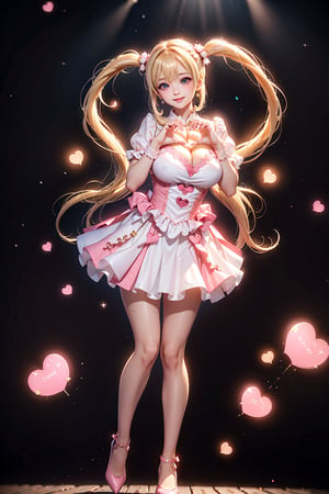 ((heart hands, large Heart-shaped twintails,  She wears pink-white Formal wear, blond very long hair, large breasts 2.0)), cute pose, large breasts, cleavage , blue eyes, (Masterpiece), full body shot, best quality, high resolution, highly detailed, detailed background, movie lighting, 1girl, idol, underbust, stage, stage lights, music, blush, sweet smile, sweat, concert, ruffles, confetti, hearts, hair accessories, hair bows, gems, jewelry, neon lights , bow tie , pointing, spotlight, sparkles, light particles, frame breasts, cross lace,floral dress,hmnl
