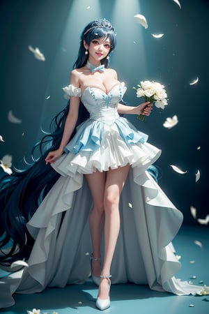 ((mini skirt, Holding flowers in both hands, White arms, white thighs and calves, She wears Princess dress, tiara , blue very long hair, large breasts 2.0)), cute pose, large breasts, cleavage , blue eyes, (Masterpiece), full body shot, best quality, high resolution, highly detailed, detailed background, movie lighting, 1girl, idol, underbust, stage, stage lights, music, blush, sweet smile, sweat, concert, ruffles, confetti, hearts, hair accessories, hair bows, gems, jewelry, neon lights , bow tie , pointing, spotlight, sparkles, light particles, frame breasts, cross lace,floral dress,hmnl,wrenchfaeflare