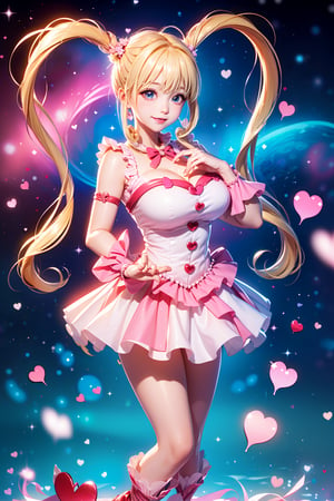 ((Childlike face and big breasts, heart hands, large Heart-shaped twintails,  She wears pink-white business attire, blond very long hair, large breasts , heart cycle, whirlwind of love, Holding love in hands 2.0)), cute pose, large breasts, cleavage , blue eyes, (Masterpiece), full body shot, best quality, high resolution, highly detailed, detailed background, movie lighting, 1girl, idol, underbust, stage, stage lights, music, blush, sweet smile, sweat, concert, ruffles, confetti, hearts, hair accessories, hair bows, gems, jewelry, neon lights , bow tie , pointing, spotlight, sparkles, light particles, frame breasts, cross lace,floral dress,hmnl,magic circle