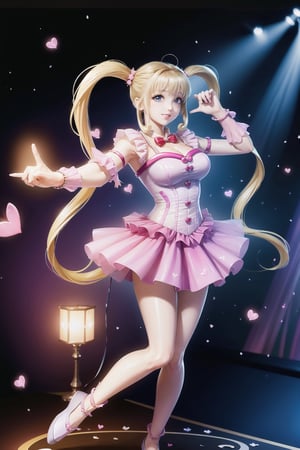 ((heart hands, She wears butterfly dress, Skirt with short front and long back, blond very long hair, large Heart-shaped twintails, large breasts 2.0)), cute pose, large breasts, cleavage , blue eyes, (Masterpiece), full body shot, best quality, high resolution, highly detailed, detailed background, movie lighting, 1girl, idol, underbust, stage, stage lights, music, blush, sweet smile, sweat, concert, ruffles, confetti, hearts, hair accessories, hair bows, gems, jewelry, neon lights , bow tie , pointing, spotlight, sparkles, light particles, frame breasts, cross lace