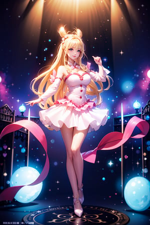 A masterpiece of a high-quality, full-body shot featuring a stunning idol! The scene is set on a stage lit with vibrant movie lighting, where our lovely heroine stands out in her floral dress and matching bow tie. Her big breasts are framed by the cross-lace design, drawing attention to their impressive size. She holds love in both hands, surrounded by a whirlwind of pink hearts. Her long blond hair flows down like a river of golden silk, adorned with hair accessories that match the sparkling atmosphere. A sweet smile spreads across her face, accompanied by a subtle blush and sweat, as if she's just finished an electrifying concert. The spotlight shines bright on her, casting a mesmerizing glow on her flawless skin and highlighting the prominent cleavage between her large breasts. Her blue eyes sparkle like diamonds under the stage lights, radiating an aura of innocence and charm. In the background, ruffles and tulle add to the whimsical atmosphere, with neon lights dancing across the edges of the frame. A magic circle or heart cycle encircles our heroine, emphasizing her role as a beacon of love and passion. As she points towards the audience with a sparkling gemstone on her finger, the air is filled with an infectious energy that's simply irresistible!