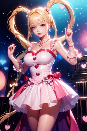 A masterpiece of an idol in a concert setting! A young girl with childlike features and big breasts, adorned in pink-white business attire, dons heart-shaped twintails and holds love in her hands. She strikes a cute pose on stage, where she's surrounded by ruffles and hearts. Her long blond hair flows like a river, framing her face and large breasts, which are showcased under a beautiful floral dress with cross lace details. Blue eyes sparkle with innocence as she blinks slowly, her sweet smile radiating warmth. Sweat glistens on her skin as she performs, her blush deepening as she sings. The spotlight shines brightly on her, casting a warm glow that accentuates the neon lights and sparkles around her. In one hand, she holds a heart, while in the other, she points to the magic circle forming above her, releasing light particles that dance across her body. Her hair accessories, including hair bows and gems, add a touch of whimsy to this enchanting scene.