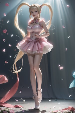 ((Skirt with short front and long back, perfect facial billy, large Heart-shaped twintails 2.0)), She wears pink weeding  dress , blond very long hair, large breasts, cute pose, large breasts, cleavage , blue eyes, (Masterpiece), full body shot, best quality, high resolution, highly detailed, detailed background, movie lighting, 1girl, idol, underbust, stage, stage lights, music, blush, sweet smile, sweat, concert, ruffles, confetti, hearts, hair accessories, hair bows, gems, jewelry, neon lights , bow tie , pointing, spotlight, sparkles, light particles, frame breasts, cross lace,floral dress,hmnl