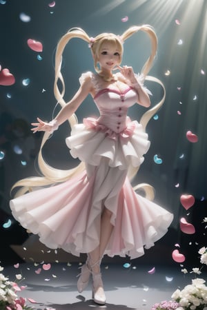 ((perfect facial billy, large Heart-shaped twintails 2.0)), She wears pink weeding  dress , blond very long hair, large breasts, cute pose, large breasts, cleavage , blue eyes, (Masterpiece), full body shot, best quality, high resolution, highly detailed, detailed background, movie lighting, 1girl, idol, underbust, stage, stage lights, music, blush, sweet smile, sweat, concert, ruffles, confetti, hearts, hair accessories, hair bows, gems, jewelry, neon lights , bow tie , pointing, spotlight, sparkles, light particles, frame breasts, cross lace,floral dress,hmnl
