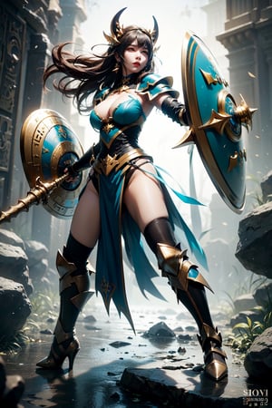 A stunning 20-year-old Korean beauty cosplays as WoW's warrior, donning battered metal armor and boots, her battle-axe aglow with blue energy. She stands tall in combat stance before Stormwind's gate, shield at the ready, amidst a yellow aura that bleeds into an ink-splash effect. A fallen dark green orc lies at her feet, a heroic pose captured in a masterpiece of 8k quality.