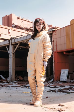 One 18yo beautiful girl, (glasses:1.3) ,slightly smile ,(wearing hazmat suit and boots and hairband:1.5), over sized eyes, drawn action: (the girl must be posing around a barren red earth wasteland with abandoned big factory:1.4),(The wind blows her long hair:1.4), full body shot,perfect lighting ,perfect shadow ,,HDR,white skin,1 girl ,solo,beauty,girl