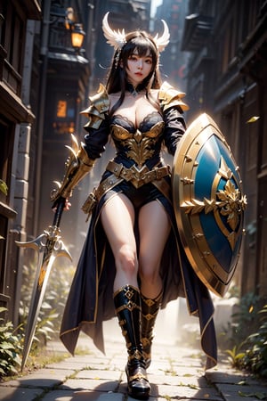 A 20-year-old Korean beauty, cosplaying as a fierce warrior from the realm of Azeroth, stands proudly in the iconic Square of Stormwind, her damaged metal armor gleaming under the warm golden light. The deep V-cut exposes her toned physique, while metal combat boots and battle-axe firmly griped in her hand exude strength. A radiant yellow aura envelops her, splashing ink-like across the cobblestones. She shields herself with a massive shield emblazoned with the emblem of her guild, as a defeated dark green orc lies motionless at her feet, the dark atmosphere of battle lingering.