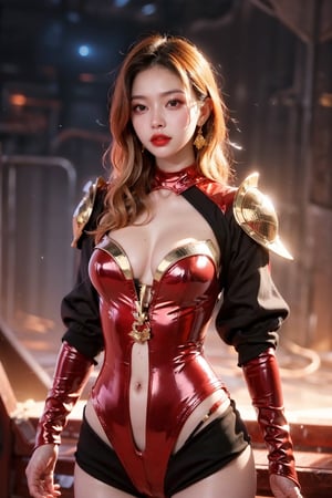 A women in a black armor with a gold skin in a burning sky, night, blond hair, a lot of freckles, scarlet red eyes glowing, red lips, combinaison latex