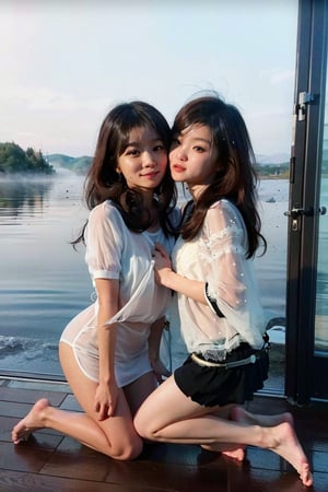  (((2 girls kissing))), (((long hair with blunt bangs))) ,(Beautiful and detailed eyes), (sheer lace shirts:1.1),
(masterpiece:1.4), (best quality:1.4), super fine illustration,an extremely cute and beautiful girl,highly detailed beautiful face and eyes, cute little girl, sad, (full_body), perfect hands, hide hand, absurdres, highres, ultra detailed, BREAK
((foggy lake background)), ((two high school girls kneeling)), school, most beautiful korean girls, Korean beauty models, idol face, gorgeous girls, 13yo, over sized eyes, big eyes, smiling, looking at viewer,