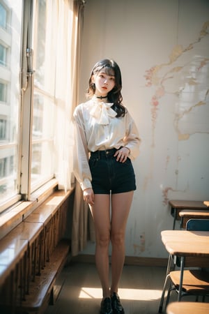 analog photo, a cute girl, 22 years old, black hair, pale skin, short shirt, hot pants, choker, vintage, faded film, (film grain),  school, classroom, beautiful deatailed shadow,dust,tyndall effect,hyperdetalization,