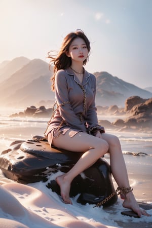 (((bound with chains:1.5))), (the girl must be sitting on the rock with legs spreading wide apart:1.4) ,(RAW photo, best quality), (realistic, photo-Realistic:1.3), best quality, masterpiece, beautiful and aesthetic, 16K, (HDR:1.4), low contrast, (vibrant color:0), (muted colors, dim colors, soothing tones:1.4), cinematic lighting, Exquisite details and textures, cinematic shot, Cold tone, (Bright and intense:1.1), cinematic lighting, kat sweets poses, full body on display,head to toe portrait,1girl, solo , smile, ((pajamas)), glasses, large-eyed, lips, long ponytail ,realistic, downblouse,((in the snowy and foggy beach))