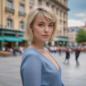 woman_nr1 with a full body in the photo. Short blonde hair with bangs. City square background, lifelike,highly detailed CG unified 8K backgrounds,ultra quality, sharp focus, tack sharp, film grain, Fujifilm XT3, crystal clear, detailed skin tone, detailed skin complexion, 8K UHD, etailed skin, skin pores, flowing, bright, heavenly