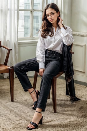 girl with white shirt and black jeans, black high_heels, sitting on chair, with glasses