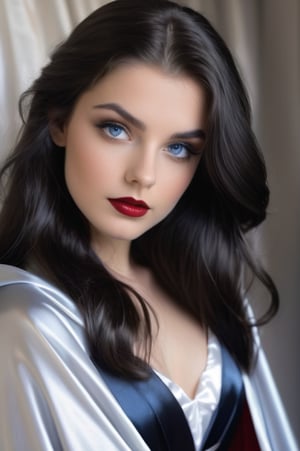 (RAW photo) , highly detailed , ultra realistic , vampire, beautiful, dark hair, blue eyes, 18 years old adult , ((wearing long silver satin cloak tied at the neck with a ribbon)), skater skirt, showing Vampire teeth