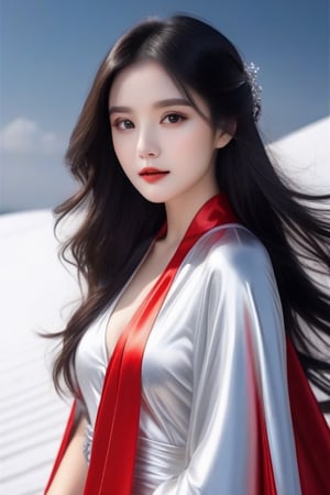 (RAW photo, best quality, masterpiece, ultra-detailed, high res), (realistic),(extremely delicate and beautiful:1), mesmerizing picture of beautiful girl with long black hair,, wearing a long silver and red lined satin cape tied at the neck with a ribbon , silver leotard and short skirt , highly detailed, extremely high-resolution details, photographic, realism pushed to extreme, fine texture, 4k, ultra-detailed, high quality, high contrast 