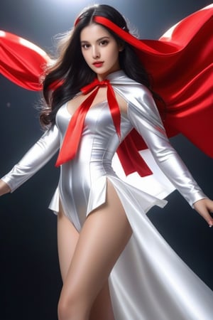 (RAW photo, best quality, masterpiece, ultra-detailed, high res), (realistic),(extremely delicate and beautiful:1), mesmerizing picture of beautiful girl with long black hair,, wearing a long silver and red lined satin cape tied at the neck with a ribbon , silver leotard and short skirt , highly detailed, extremely high-resolution details, photographic, realism pushed to extreme, fine texture, 4k, ultra-detailed, high quality, high contrast 