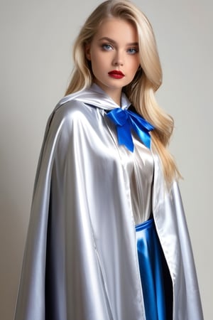 (RAW photo) , highly detailed , ultra realistic , vampire, beautiful, blonde hair, blue eyes, 18 years old adult , ((wearing long silver satin cloak tied at the neck with a ribbon)), skater skirt
