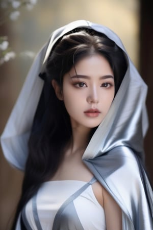 (RAW photo, best quality, masterpiece, ultra-detailed, high res), (realistic),(extremely delicate and beautiful:1), mesmerizing picture of beautiful girl with long black hair,, wearing a long silver satin cape tied at the neck with a ribbon , silver leotard and short skirt , highly detailed, extremely high-resolution details, photographic, realism pushed to extreme, fine texture, 4k, ultra-detailed, high quality, high contrast 