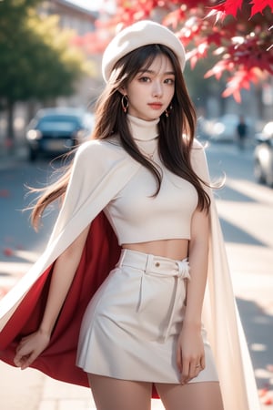 background is maple grove,maple tree trail,red leaves,red leaves of maple tree,street,
18 yo, 1 girl, beautiful korean girl,wearing ankle length white cape tied at the neck with a ribbon ,turtleneck sweater,short skirt,beret,blowing by wind,happy smile, solo, {beautiful and detailed eyes}, dark eyes, calm expression, delicate facial features, ((model pose)), Glamor body type, (dark hair:1.2), simple tiny earrings, simple tiny necklace,bangs, flim grain, realhands, masterpiece, Best Quality, 16k, photorealistic, ultra-detailed, finely detailed, high resolution, perfect dynamic composition, beautiful detailed eyes, eye smile, ((nervous and embarrassed)), sharp-focus, full_body, cowboy_shot,