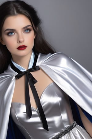 (RAW photo) , highly detailed , ultra realistic , vampire, beautiful, dark hair, blue eyes, 18 years old adult , ((wearing long silver satin cloak tied at the neck with a ribbon)), skater skirt, showing Vampire teeth