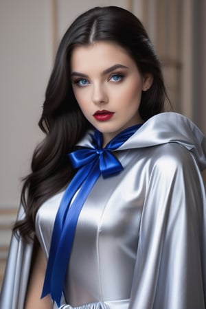 (RAW photo) , highly detailed , ultra realistic , vampire, beautiful, dark hair, blue eyes, 18 years old adult , ((wearing long silver satin cloak tied at the neck with a ribbon:1.15)), glossy pencil skirt