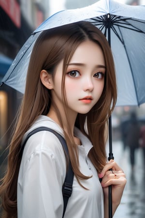 ((portrait)) of (((cute))) (((elegant))) ((attractive)) (((long, straight hazelnut hair))) ((stunning)) upper body, a beautifully realistic, cinematic lights, cute teen girl, realistic detailed angelic round face, ((realistic detailed hazelnut eye)) looks sadly at the camera, portrait shot, side perspective, white background,A person walks leisurely in the drizzle, surrounded by gray-blue sky and dim streets. They were wearing windbreakers and holding umbrellas. The raindrops slipped from the edge of the umbrella and made a harmonious and soft sound when they fell on the ground.