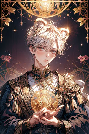 masterpiece, best quality, official art, aesthetic, (((1boy, lion ears, short hair))), detailed background, isometric, art nouveau, snowflakes, fractal art ,AI_Misaki, (zentangle, mandala, tangle, entangle) ,(psychedelia, flower, tapestries, ethereal), holy light,gold foil,gold leaf art,glitter drawing,tarot card style,watercolor,fairy tale style