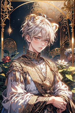 masterpiece, best quality, official art, aesthetic, (((1boy, lion ears, short hair))), detailed background, isometric, art nouveau, snowflakes, fractal art ,AI_Misaki, (zentangle, mandala, tangle, entangle) ,(psychedelia, flower, tapestries, ethereal), holy light,gold foil,gold leaf art,glitter drawing,tarot card style,watercolor,fairy tale style